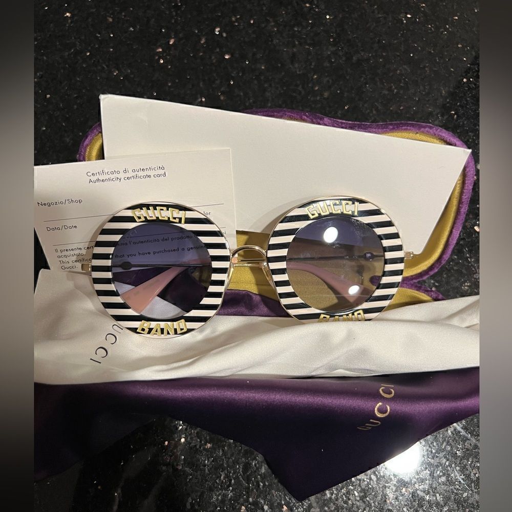Gucci GG0113S 008 Sunglasses Women's Black+White Striped-Gold/Blue Gradient Lens - Picture 5 of 7